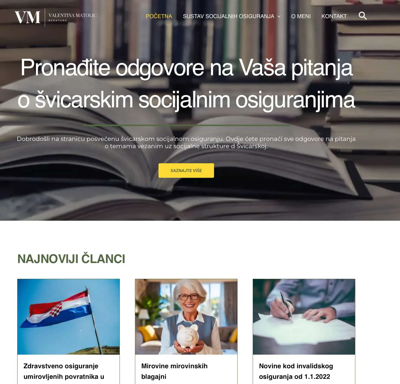Screenshot of the first version of the VM-Beratung website with a green homepage and simple article overview