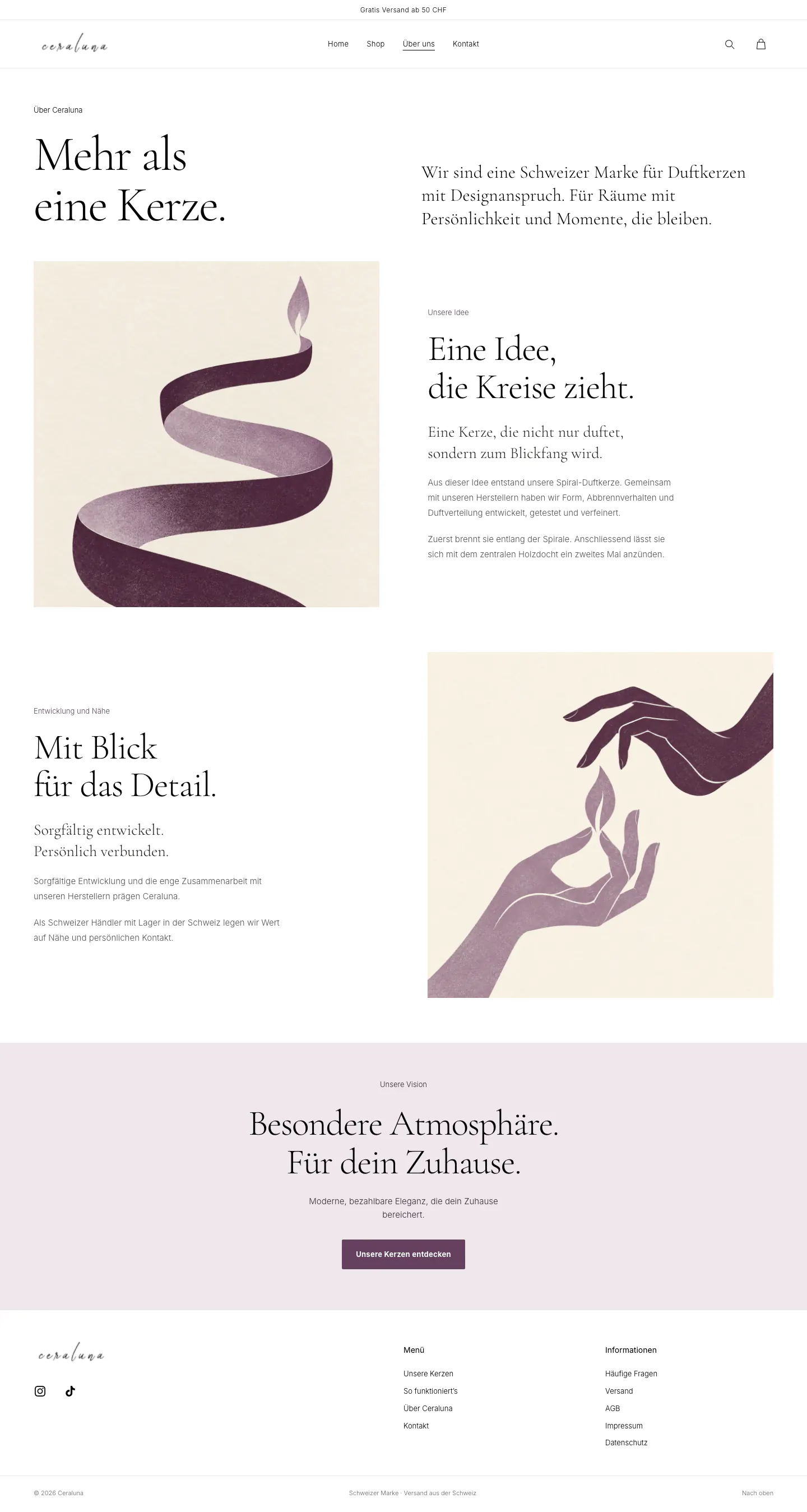 Über-uns-Seite von Ceraluna mit Illustrationen und Texten zur Idee hinter der Kerze
