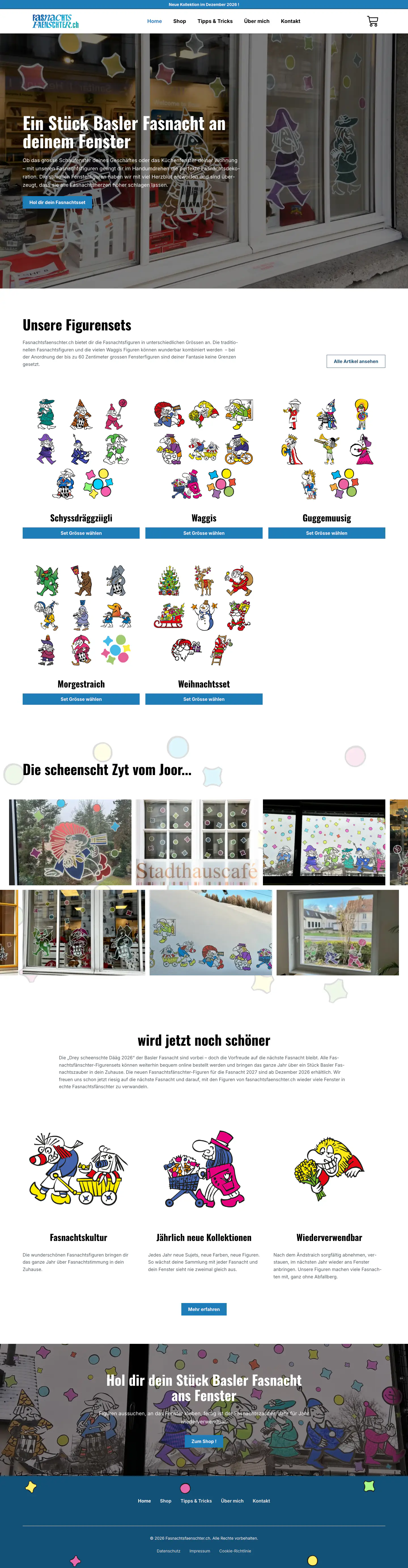 Gesamtansicht der neuen Fasnachtsfänschter-Startseite mit blauen Akzenten, Figurensets und Bildern der Figuren an echten Fenstern