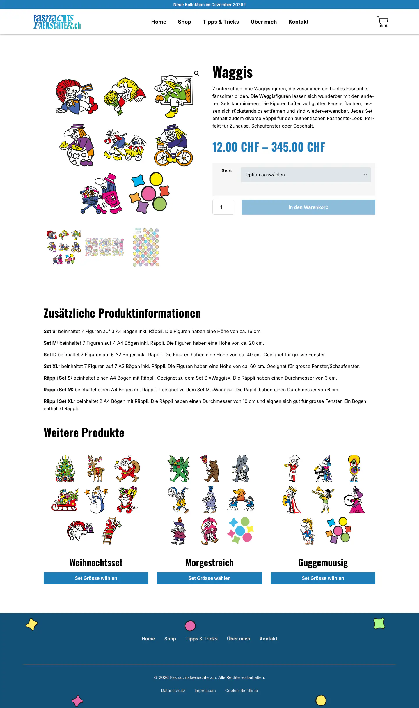 Produktseite des Waggis-Sets mit Produktbildern, Grössenauswahl und Warenkorb-Button