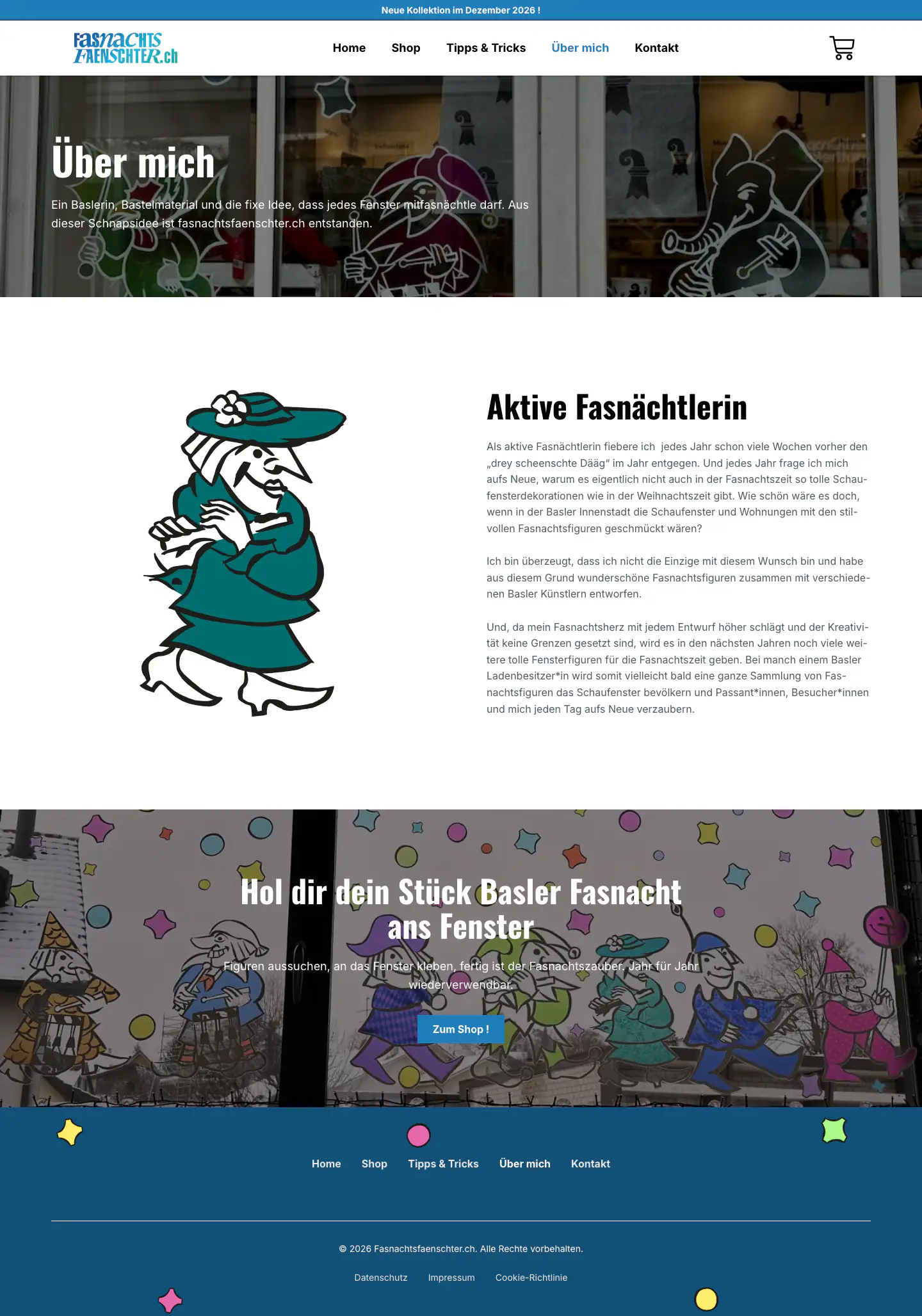 Über-mich-Seite von Fasnachtsfänschter mit Illustration und Vorstellung der Inhaberin als aktive Fasnächtlerin