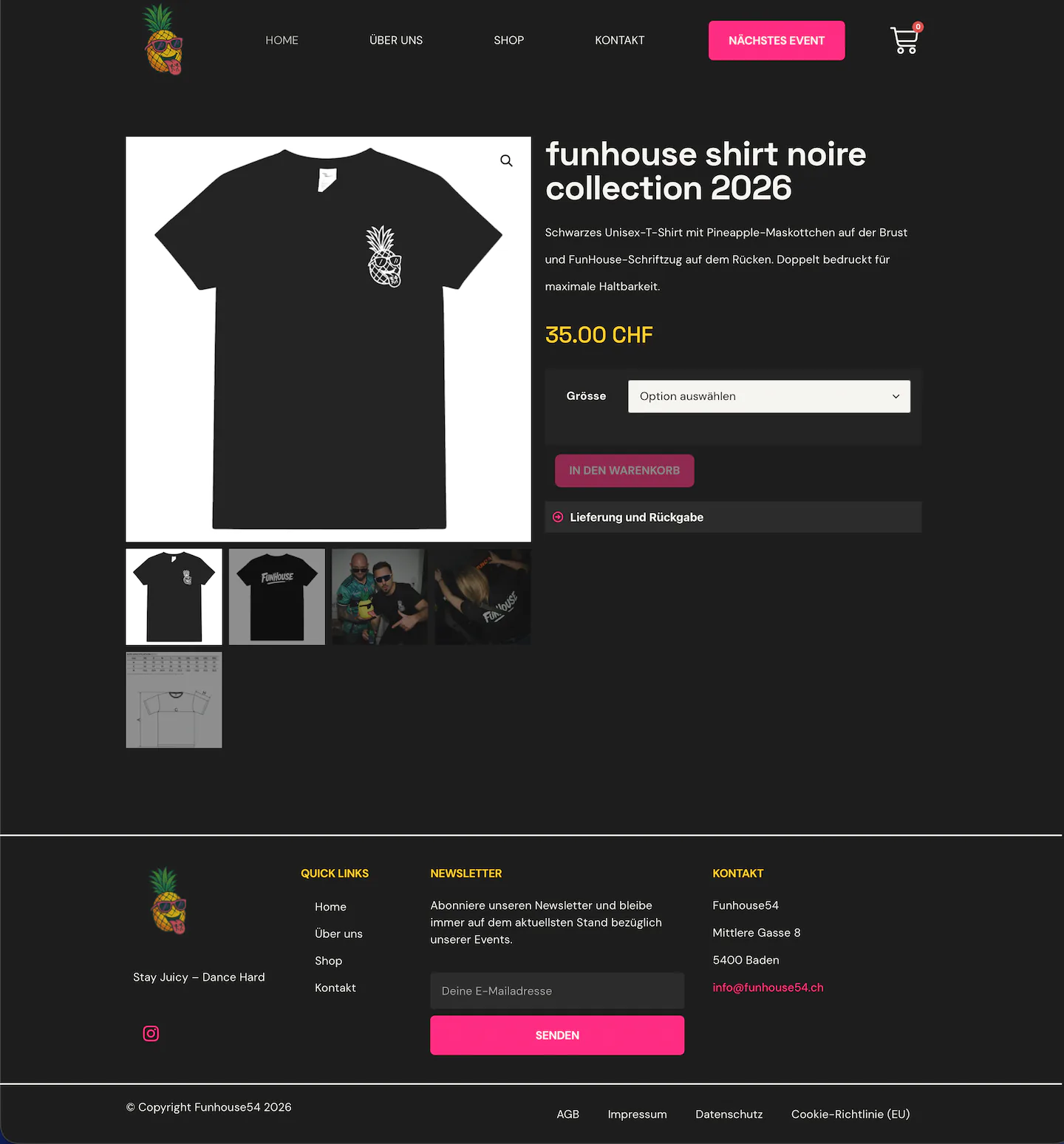Produktseite des Funhouse54-Webshops mit Produktfoto, Beschreibung und Kaufoption
