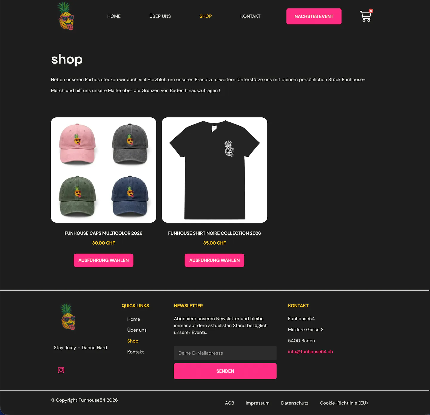 Shopübersicht des Funhouse54-Webshops mit Merchandise-Artikeln in Produktkarten