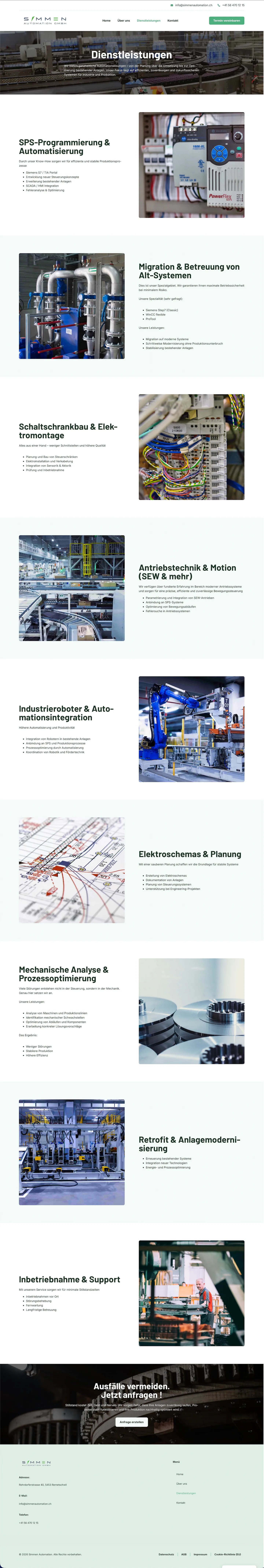 Dienstleistungsseite der Simmen Automation GmbH mit ausführlicher Darstellung des Leistungsangebots