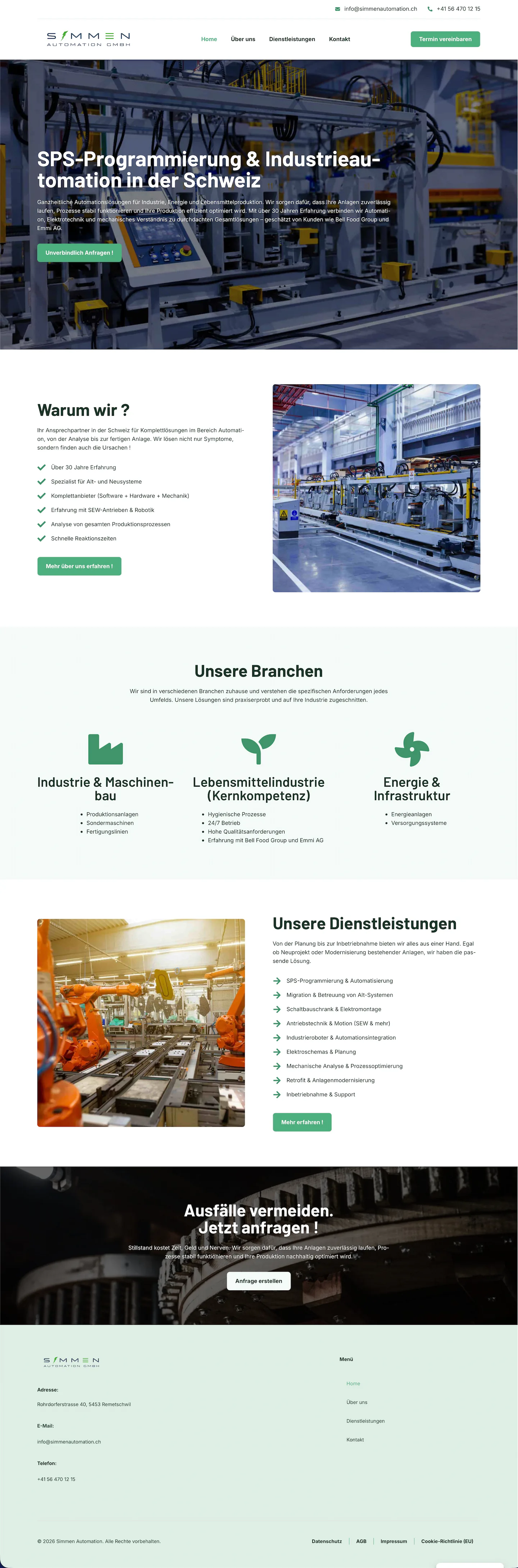 Gesamtansicht der Startseite der Simmen Automation GmbH mit Dienstleistungsübersicht und grünen Akzenten