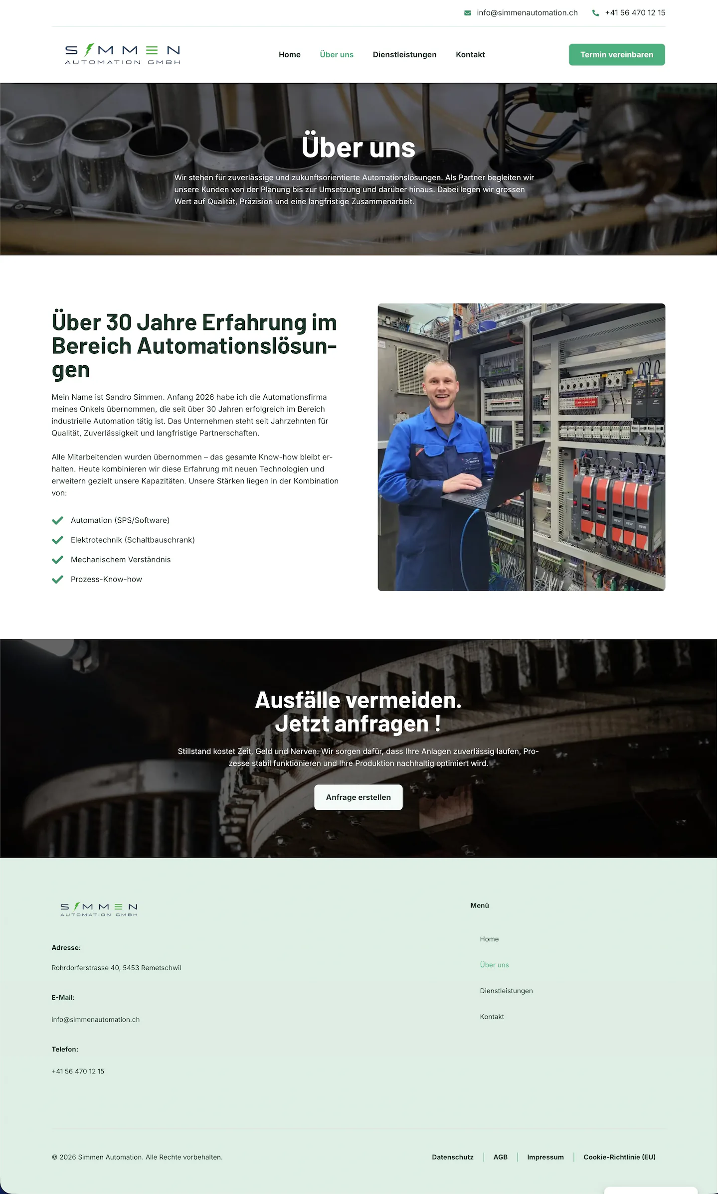 Über-uns-Seite der Simmen Automation GmbH mit Unternehmensvorstellung