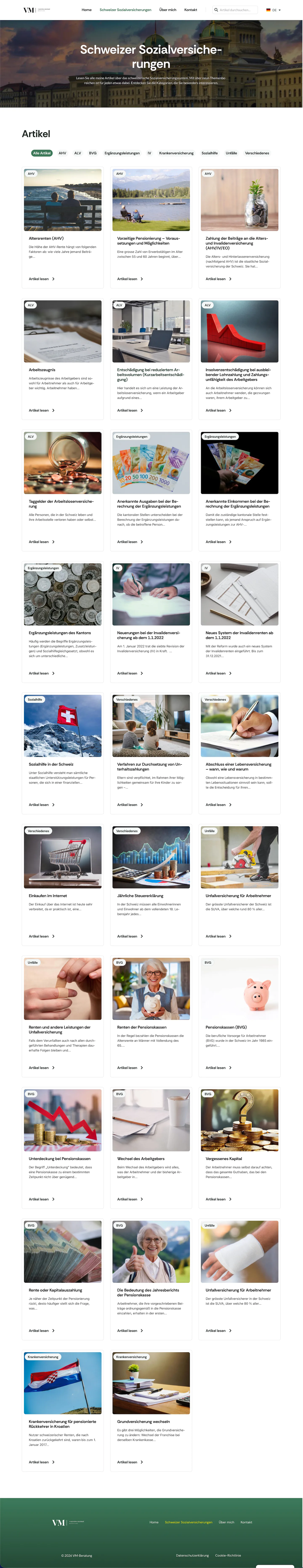 Central archive page of VM-Beratung with filtering options and blog cards for the specialist articles