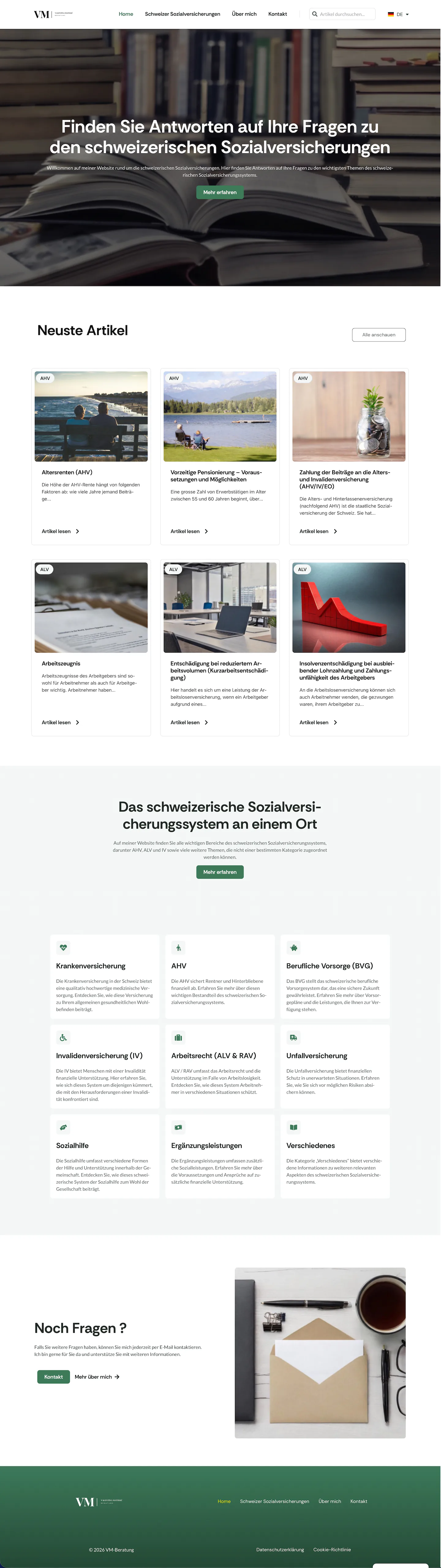 Full view of the redesigned VM-Beratung homepage with dark green primary colour and category cards